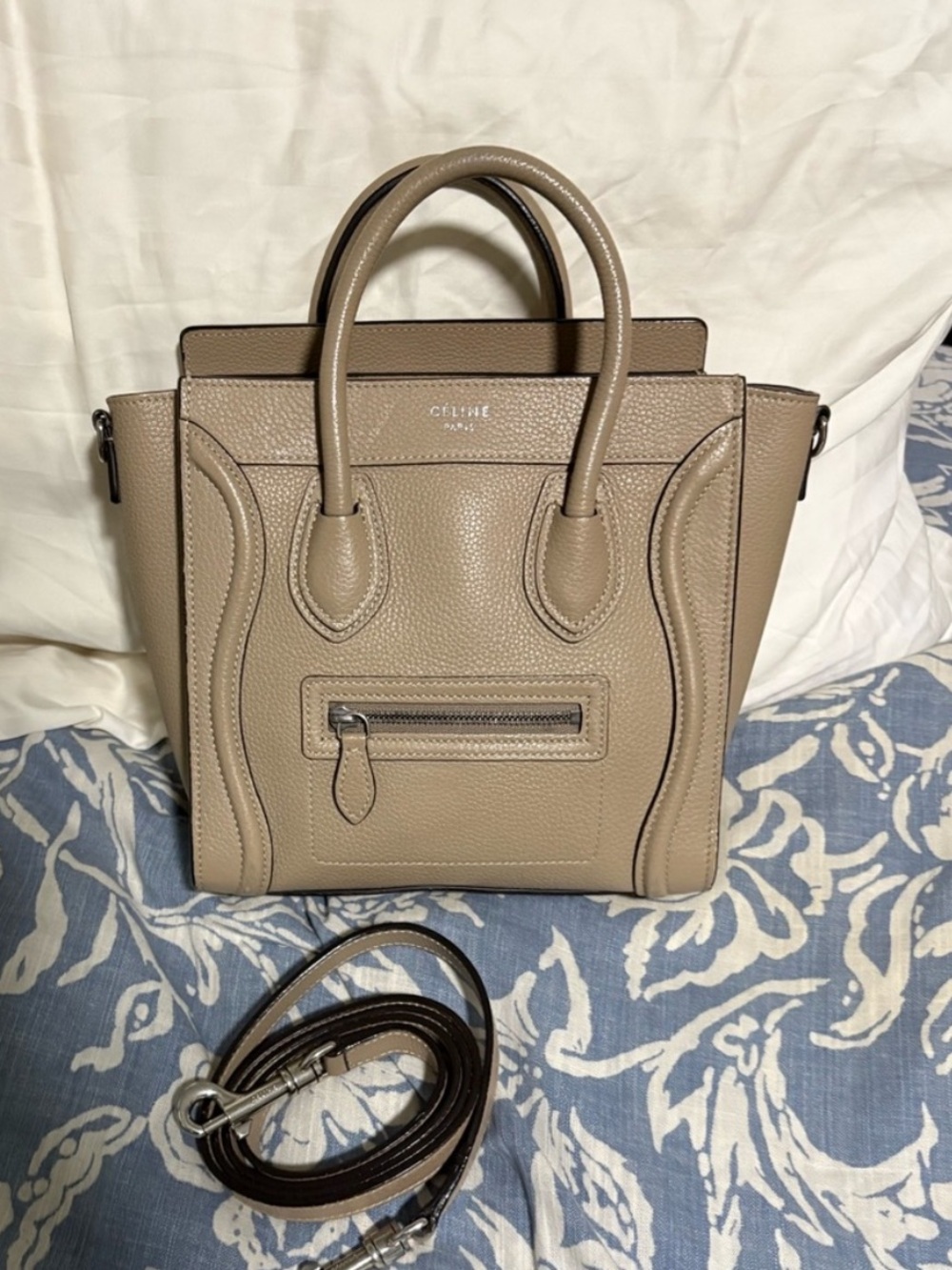 Celine Taupe Nano Luggage Drummed Leather Tote Bag